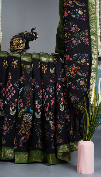 Munga Silk Saree With Digital  print and contrast border - Black & B Green