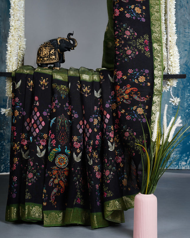 Munga Silk Saree With Digital  print and contrast border - Black & B Green