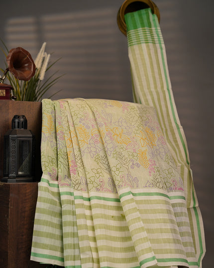Handloom Cotton Print Saree - Green & Cream