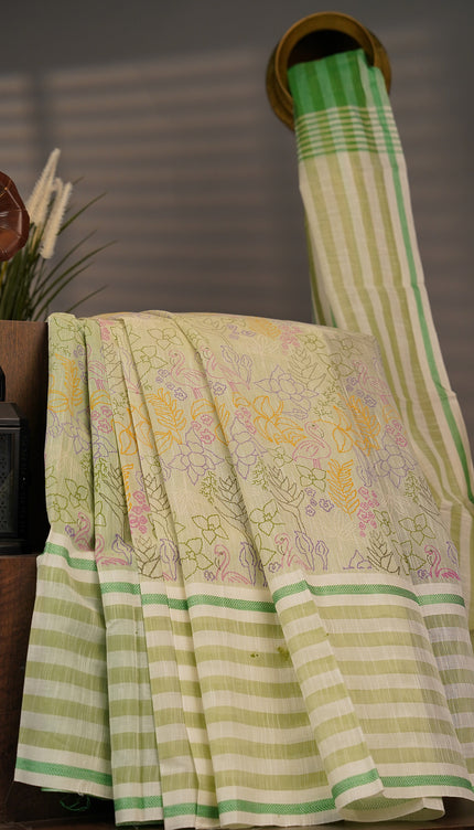 Handloom Cotton Print Saree - Green & Cream