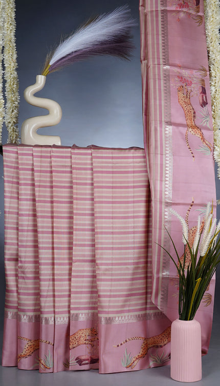 Semi Tusser Silk Saree With Stripes Design With Satin Border - Baby Pink
