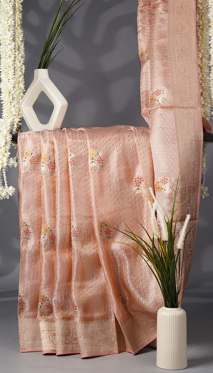 Tissue Banarasi Silk Saree with Meenakashi Butties and Golden Zari Border- Peach