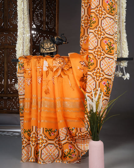 Binny Crepe Saree Floral Print With ikkat Border - Orange