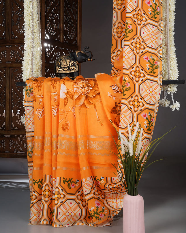 Binny Crepe Saree Floral Print With ikkat Border - Orange
