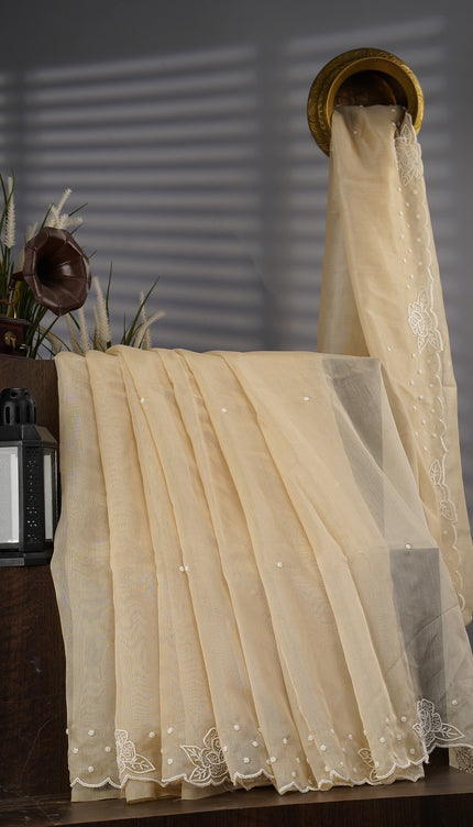 Tissue Linen Saree With Scallop Border With Pearl Work - Beige