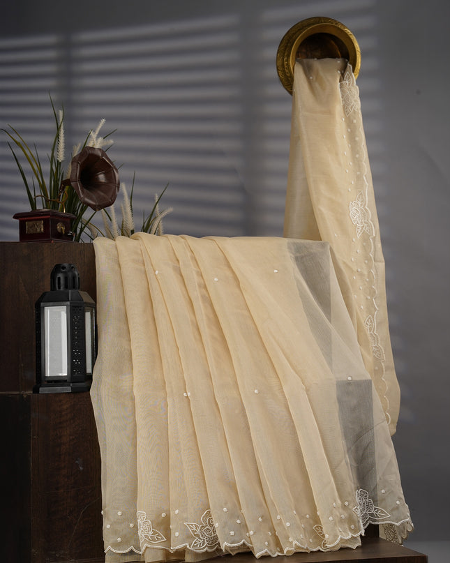 Tissue Linen Saree With Scallop Border With Pearl Work - Beige