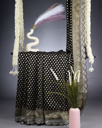 Banarasi Khaddi Georgette Saree With Gold & Silver Scallop Polka Dot With Border - Black