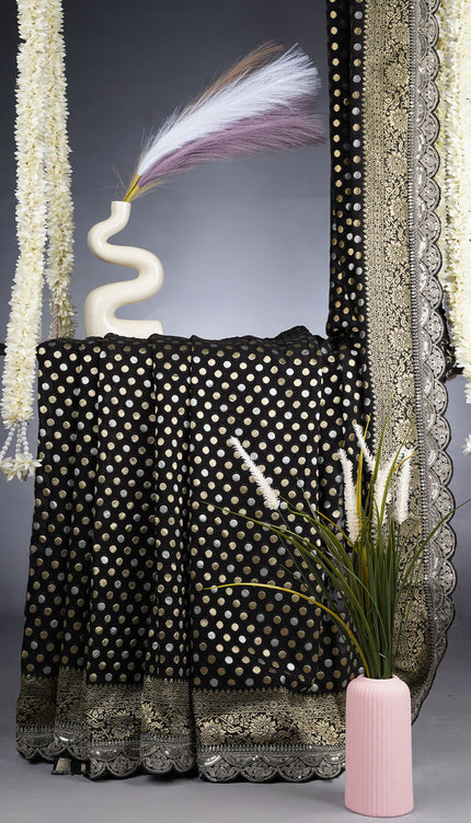 Banarasi Khaddi Georgette Saree With Gold & Silver Scallop Polka Dot With Border - Black
