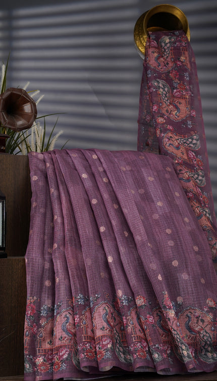 Silk Kota Saree With Gold Zari Butties And Print Border - Onion Pink