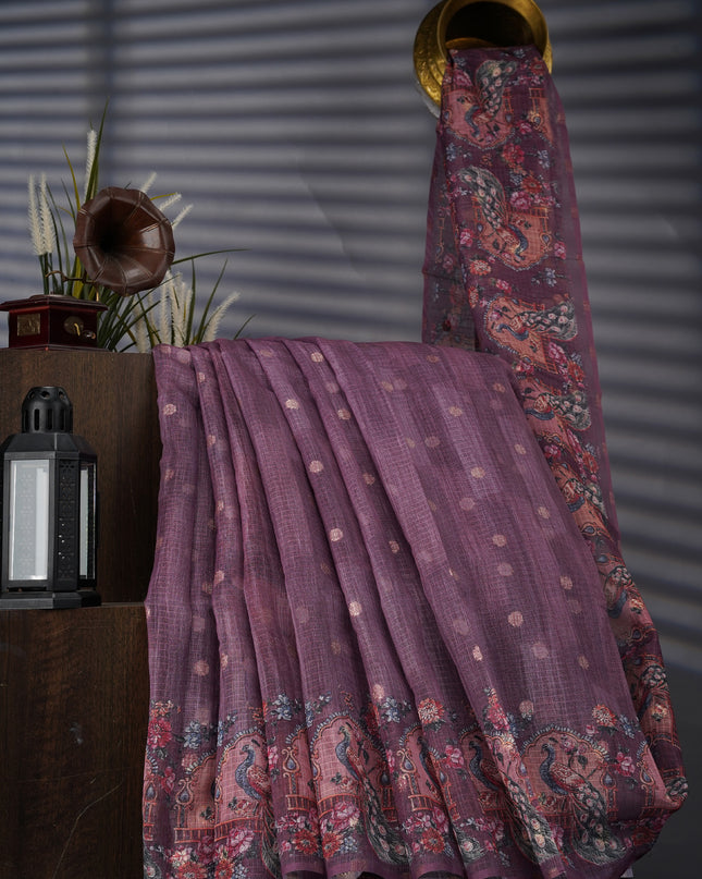 Silk Kota Saree With Gold Zari Butties And Print Border - Onion Pink