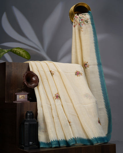 Tissue Lenin Saree with Floral Print and Kantha with Knot Work- Cream