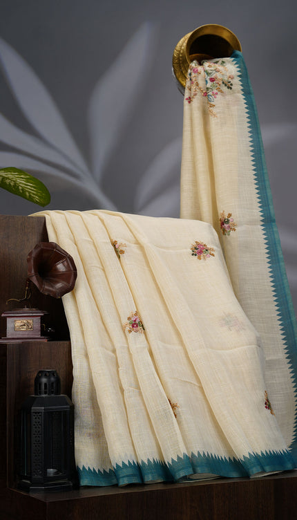Tissue Lenin Saree with Floral Print and Kantha with Knot Work- Cream