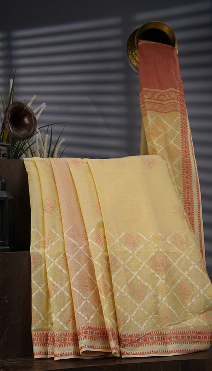 Handloom Cotton Saree With Thread Embroidery Butties Border - Tan