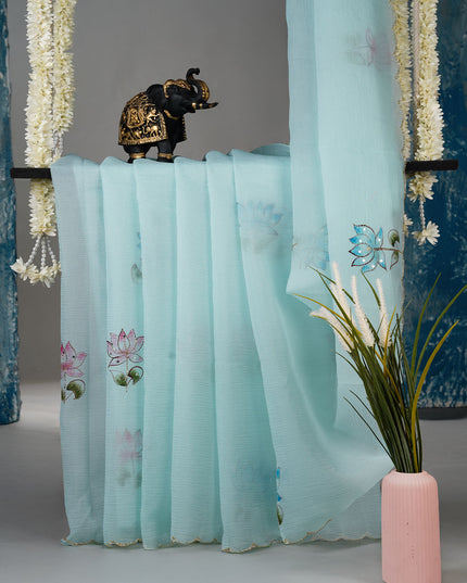 Crush tissue saree with hand painting butties and scallop border Kardana & Sequence Work - Sea Green