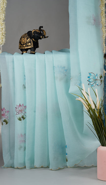 Crush tissue saree with hand painting butties and scallop border Kardana & Sequence Work - Sea Green
