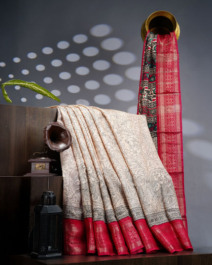 Muslin Silk Saree With Digital Print & Contrast Border  - Beige With Pink