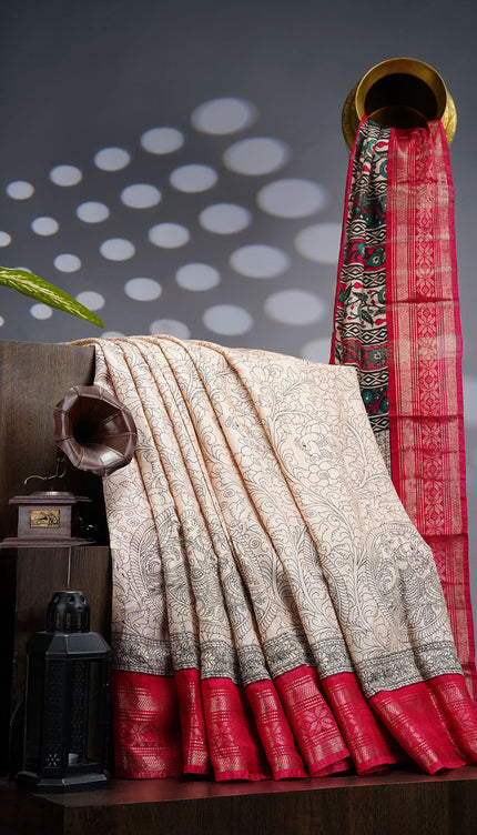 Muslin Silk Saree With Digital Print & Contrast Border  - Beige With Pink