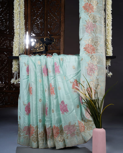 Italian Crepe with Kardana Work and Gold Zari Butties - Sea Blue