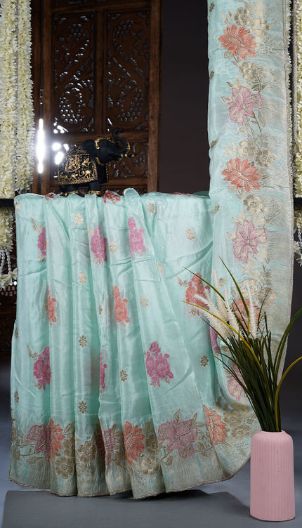 Italian Crepe with Kardana Work and Gold Zari Butties - Sea Blue