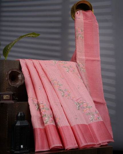 Jute Tissue Silk Saree With Thread Embroidery Work And Satin Border - Pink