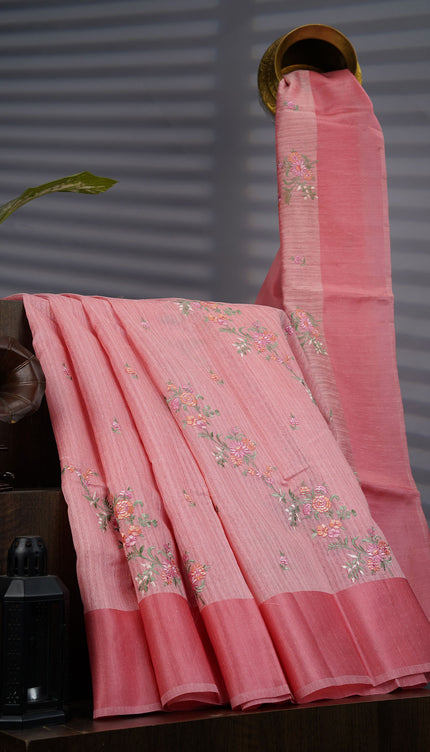 Jute Tissue Silk Saree With Thread Embroidery Work And Satin Border - Pink