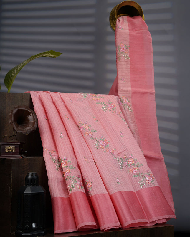 Jute Tissue Silk Saree With Thread Embroidery Work And Satin Border - Pink