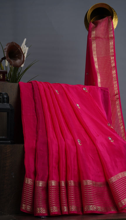 Russian Crape Khardhana Antique Buttis Banaras Border - Rani Pink