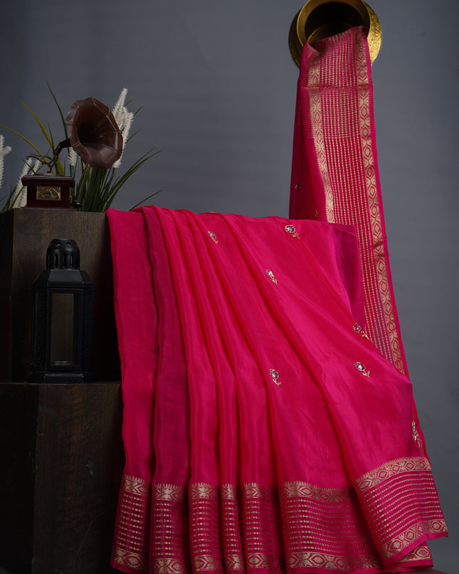 Russian Crape Khardhana Antique Buttis Banaras Border - Rani Pink