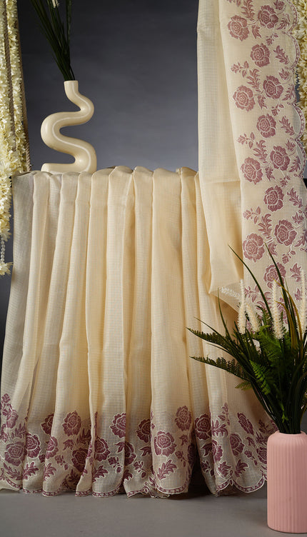Kota Silk Saree with Floral Print and Ari Work Scallop Border - Cream Lavender