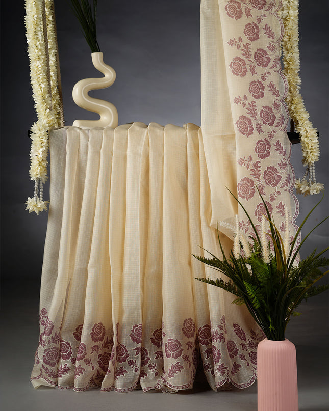Kota Silk Saree with Floral Print and Ari Work Scallop Border - Cream Lavender
