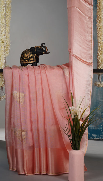 Kota Silk Saree with Gold and Silver Butties and Satin Border - Peach