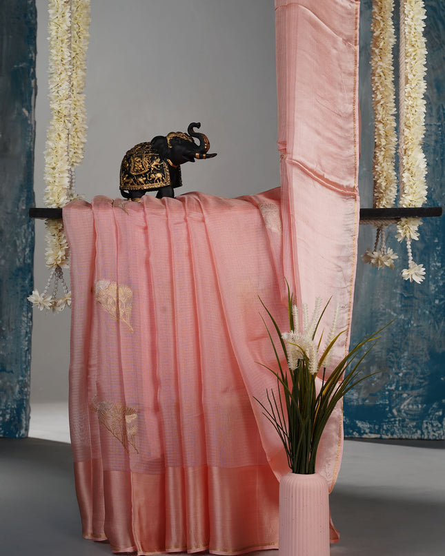 Kota Silk Saree with Gold and Silver Butties and Satin Border - Peach
