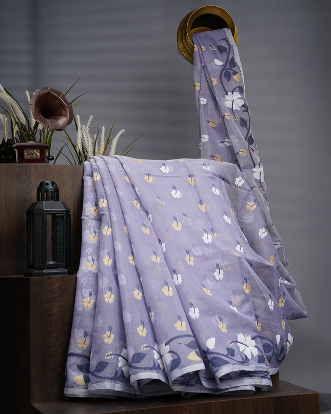 Lotus Cotton Saree With Floral Weaving Design - Grey