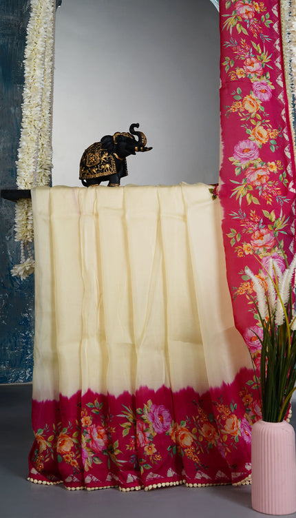 Russian crape saree with floral print and lace border  - Half White