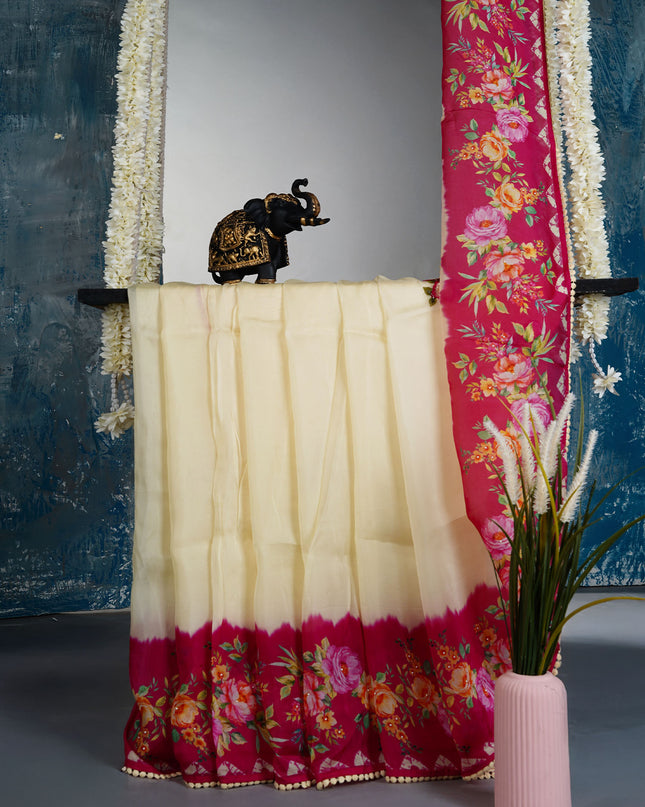 Russian crape saree with floral print and lace border  - Half White