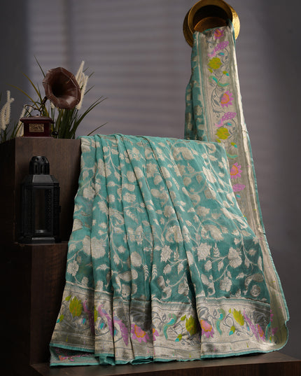 Kaddi Georgette Paithani Border - Sea Green