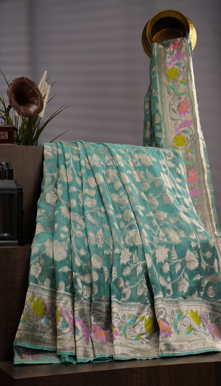 Kaddi Georgette Paithani Border - Sea Green