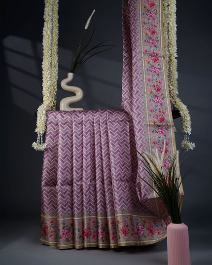 Tusser Silk Saree with Floral Print Border- Light Purple