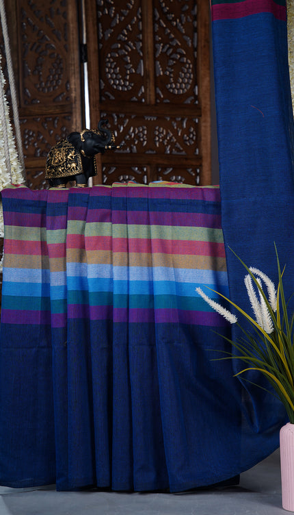 mulcotton saree with multicolored check pattern - Blue