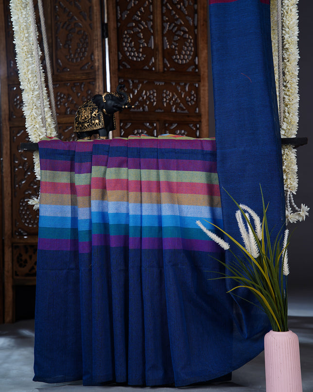 mulcotton saree with multicolored check pattern - Blue