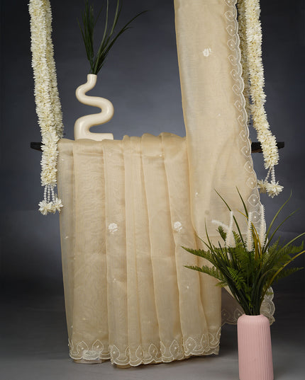 Tissue Linen Saree and Scallop Border and Peral Work - Beige