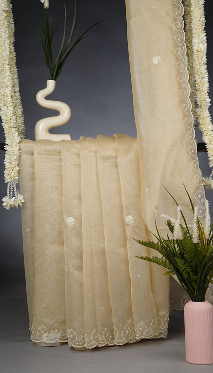 Tissue Linen Saree and Scallop Border and Peral Work - Beige
