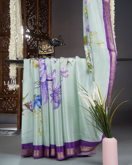 Binny Crepe Saree Floral Print With contrast Border - Lite Green