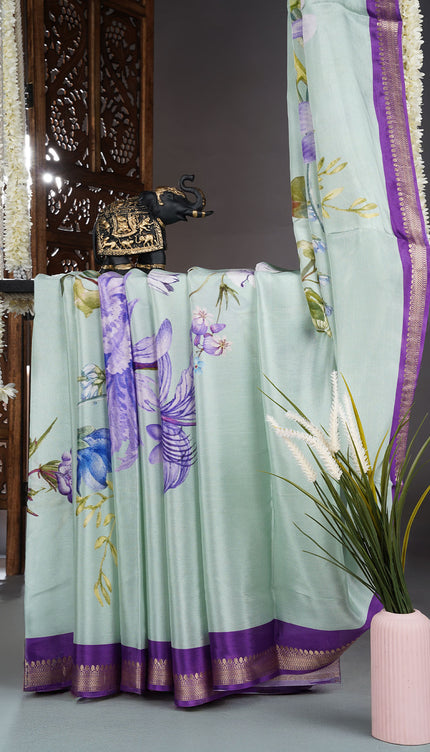 Binny Crepe Saree Floral Print With contrast Border - Lite Green