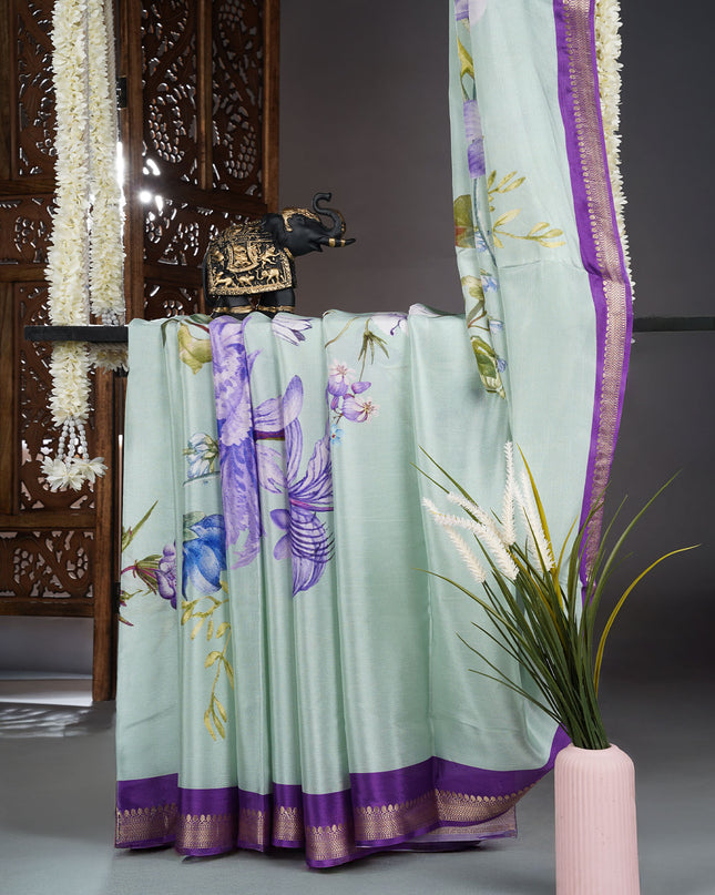 Binny Crepe Saree Floral Print With contrast Border - Lite Green