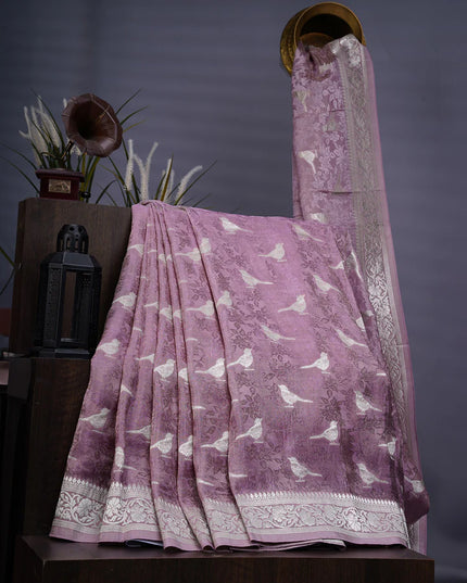 Tissue Banaras Silk Allover Self Weaving With Light Gold Zari Border - Lavender