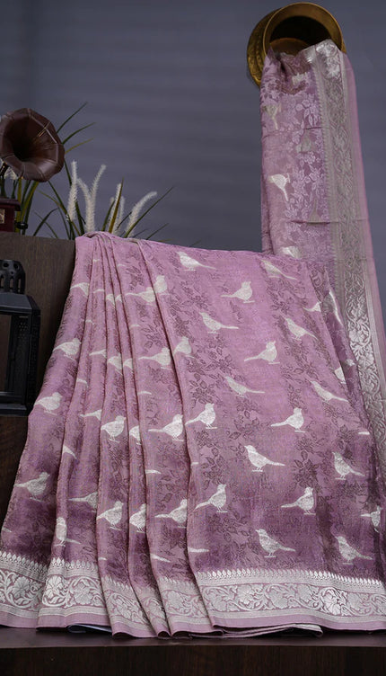 Tissue Banaras Silk Allover Self Weaving With Light Gold Zari Border - Lavender