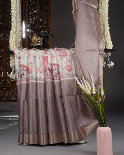 Tusser silk saree with digital print zari border - Beige