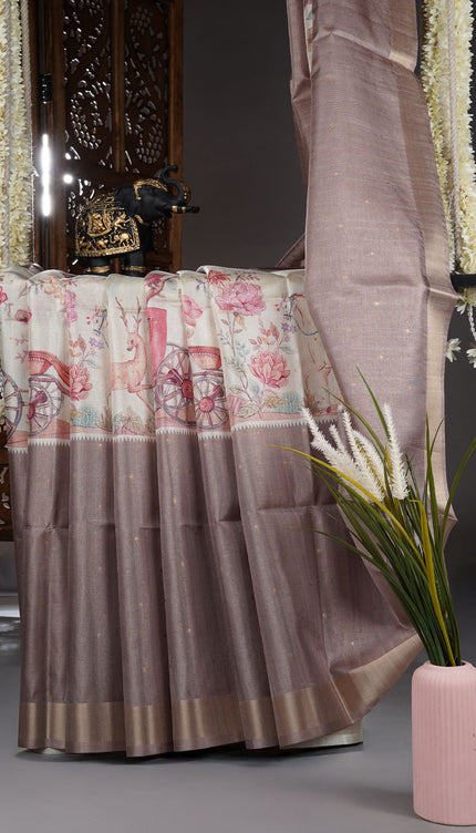 Tusser silk saree with digital print zari border - Beige