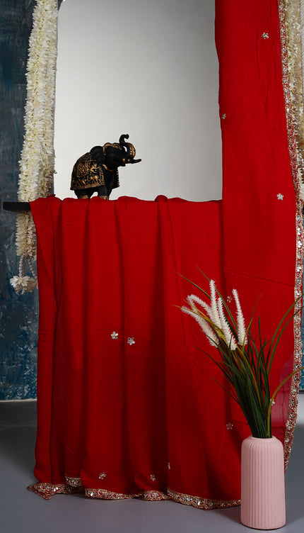 Italian Crape Mirror Work Botties With Kardhana Work - Red